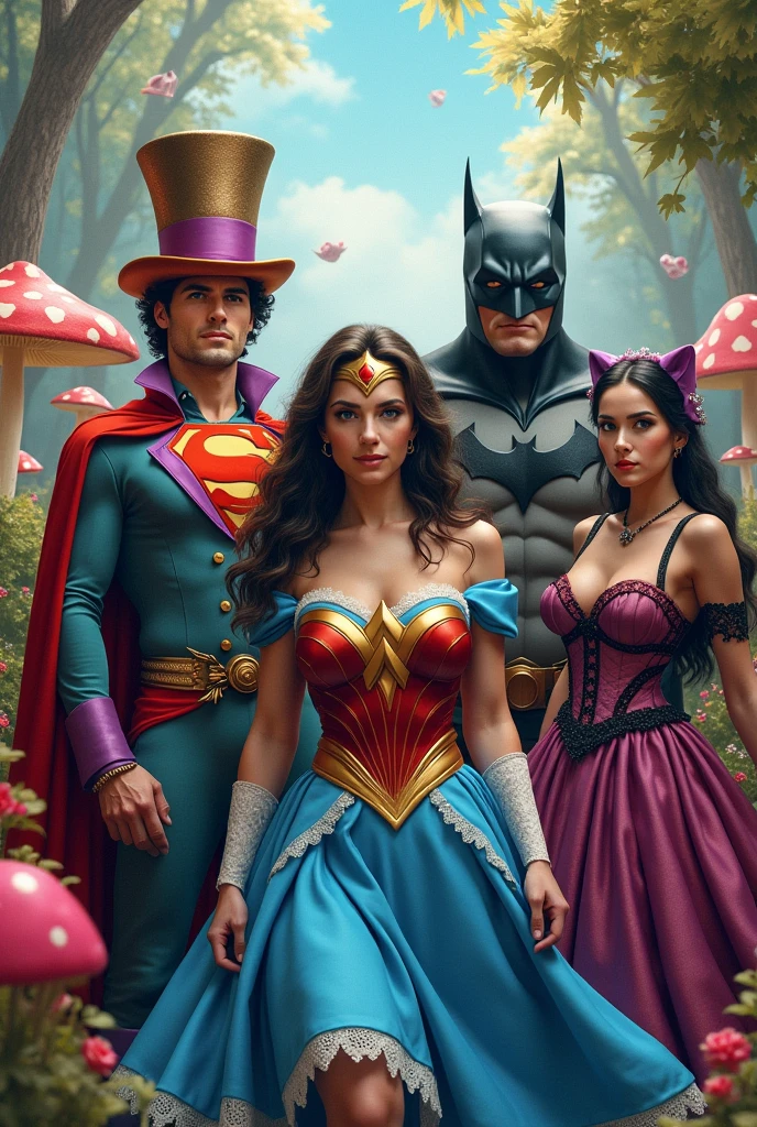 wonder woman, superman, batman and catwoman dressed as characters from Alice in Wonderland