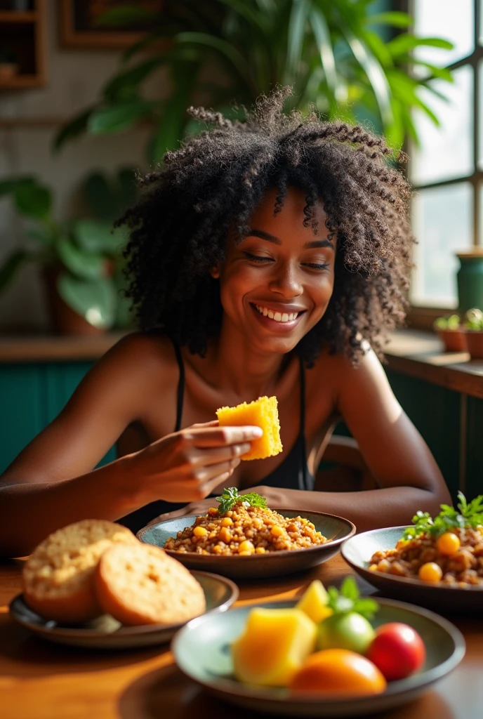 Realistic image of a Brazilian person sitting at a table looking at food and savoring with a smile
