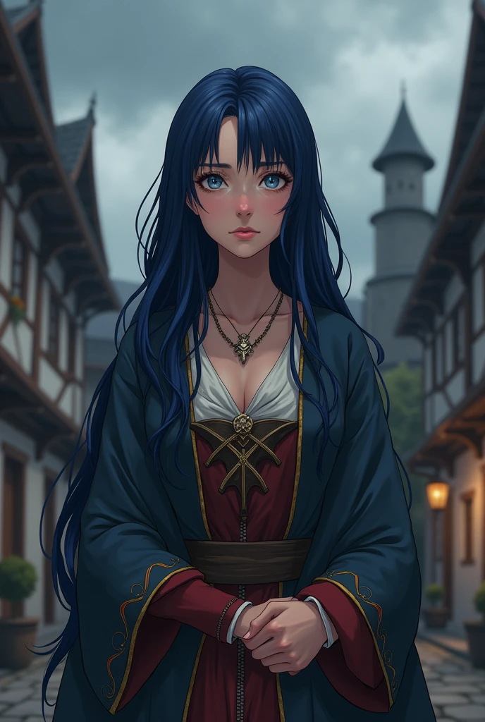 2D animation, anime, women adult, big breasts (1.4), long blue fur, white eyes, baggy eyes, rostro tired out, small face, eye bags, adult, women, mayor, medieval clothing, white pupils, white eyes, dark blue hair, baggy eyes, gloomy face, tired out, dark blue hair