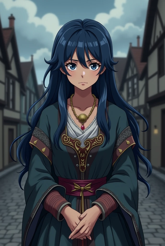 2D animation, anime, women adult, big breasts (1.4), long blue fur, white eyes, baggy eyes, rostro tired out, small face, eye bags, adult, women, mayor, medieval clothing, white pupils, white eyes, dark blue hair, baggy eyes, gloomy face, tired out, dark blue hair