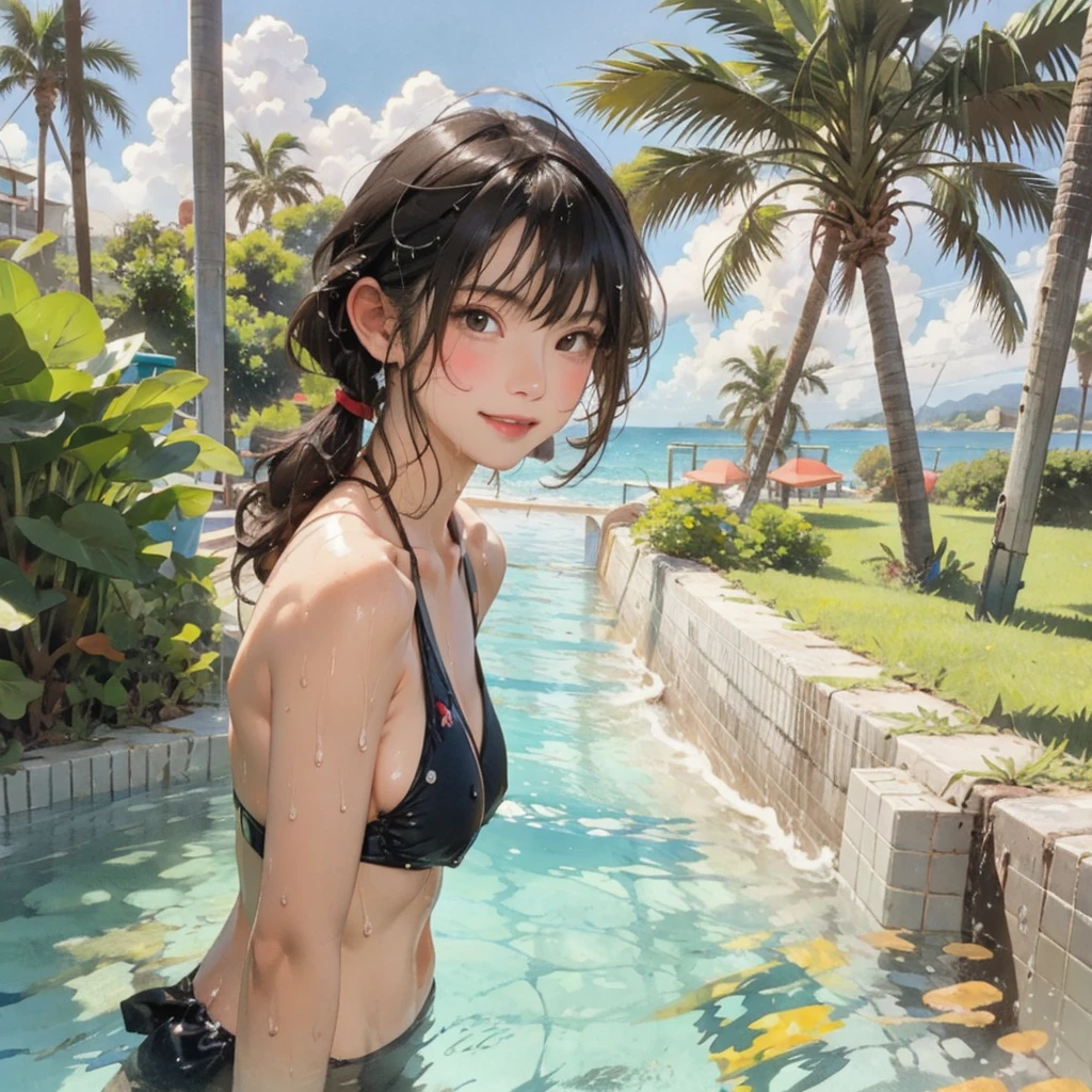 ((highest quality, masterpiece, High resolution)), ((reality)),Photos of beautiful Japanese women,((anime art))、 (((1 girl))), normal size breasts, slim body shape, long ponytail,double eyelid, Wet see-through micro bikini, A pareo with bold ethnic patterns and plenty of primary colors、(Brown skin:1.4),realistic skin、Wet,whole body,cinematic light、tropical、Against the background of palm trees on both sides、on a sunny beach、With the sea in the background、blur background、smile