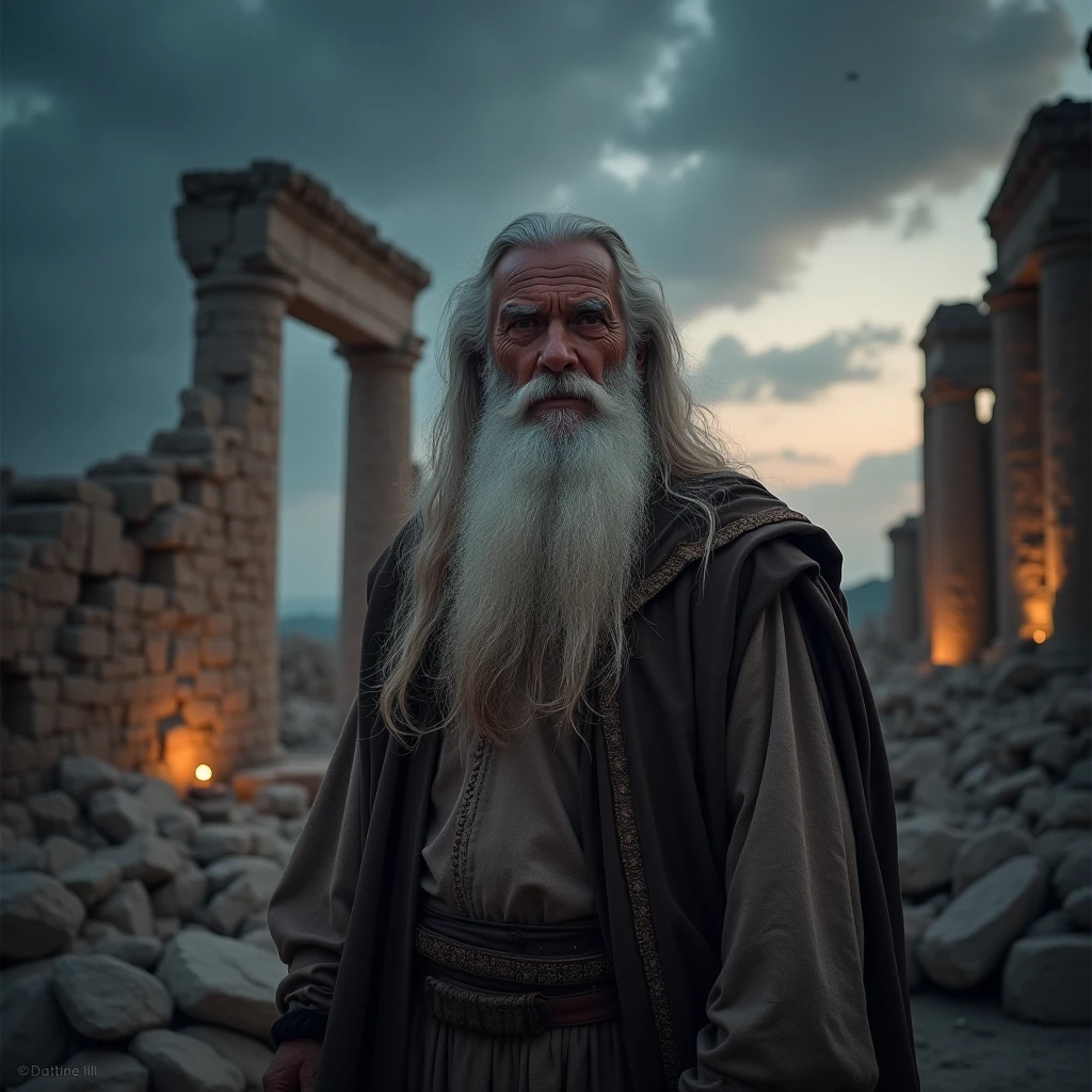 Ultra-realistic image in 8k " an image of an old man with long hair and beard, looking at the camera from the front view as if narrating the story of the city of Tyre, he must be wearing the clothes of the time, near the ruins of the city. The scene is dominated by a dark and cloudy sky, with the light of twilight illuminating the devastation."