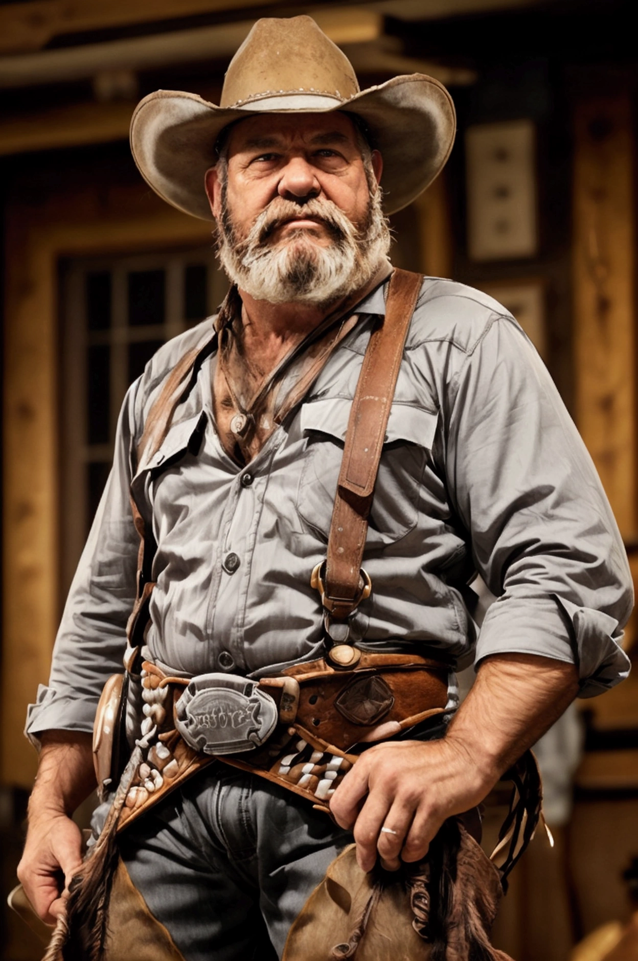 tough 60 year old muscular but chubby hairy cowboy, short gray beard, bushy gray chest hair and fat belly, big strong hairy arms and strong legs, bare buttocks, boots, untwisting lasso above himself, full length back view, wild west decoration, realistic, dramatic lights, cinematic lights