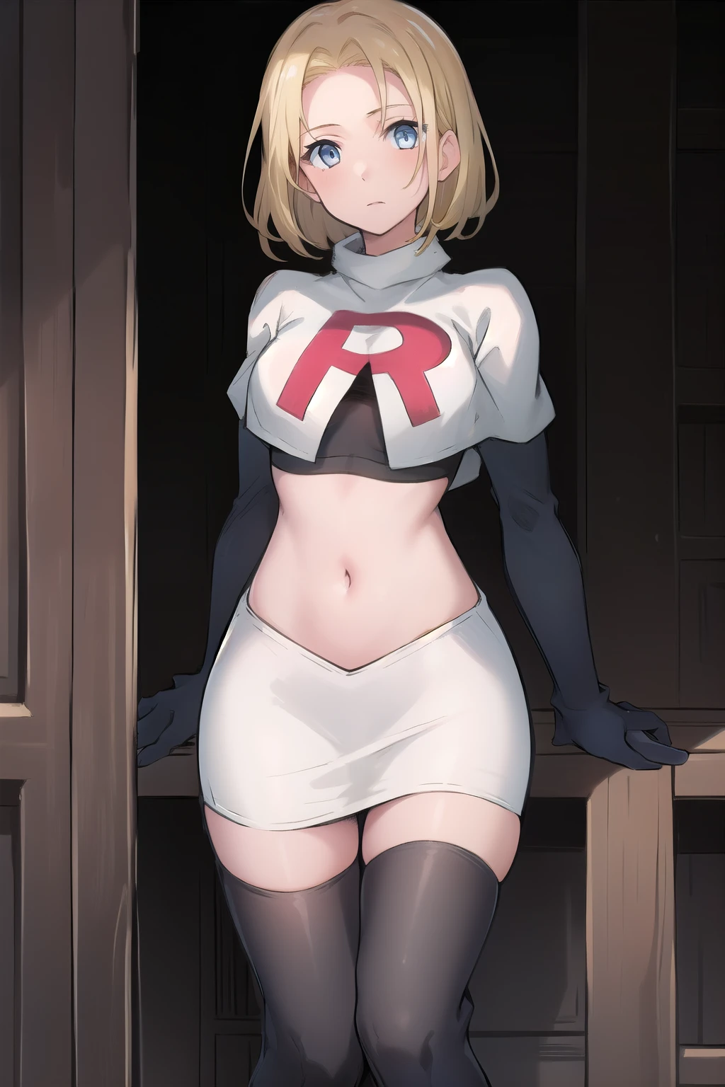 best quality, (masterpiece:1.2), illustration, absurdres, (1girl, solo, beautiful detailed girl),
Theresia Caroline, short hair, blonde hair, blue eyes, medium breasts,
garrison cap, team rocket,team rocket uniform,white skirt,red letter R,crop top,black thigh-highs,black elbow gloves,
looking at viewer,