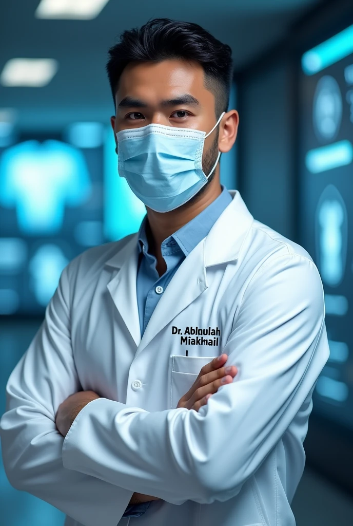 A young Digital Doctor wearing a " surgical mask "and a white coat written  clearly           
  "Dr.Abdullah Miakhail". In large size  
in black colour perfectly and exactly on its Left side and showing this written quote on his white coat left side 