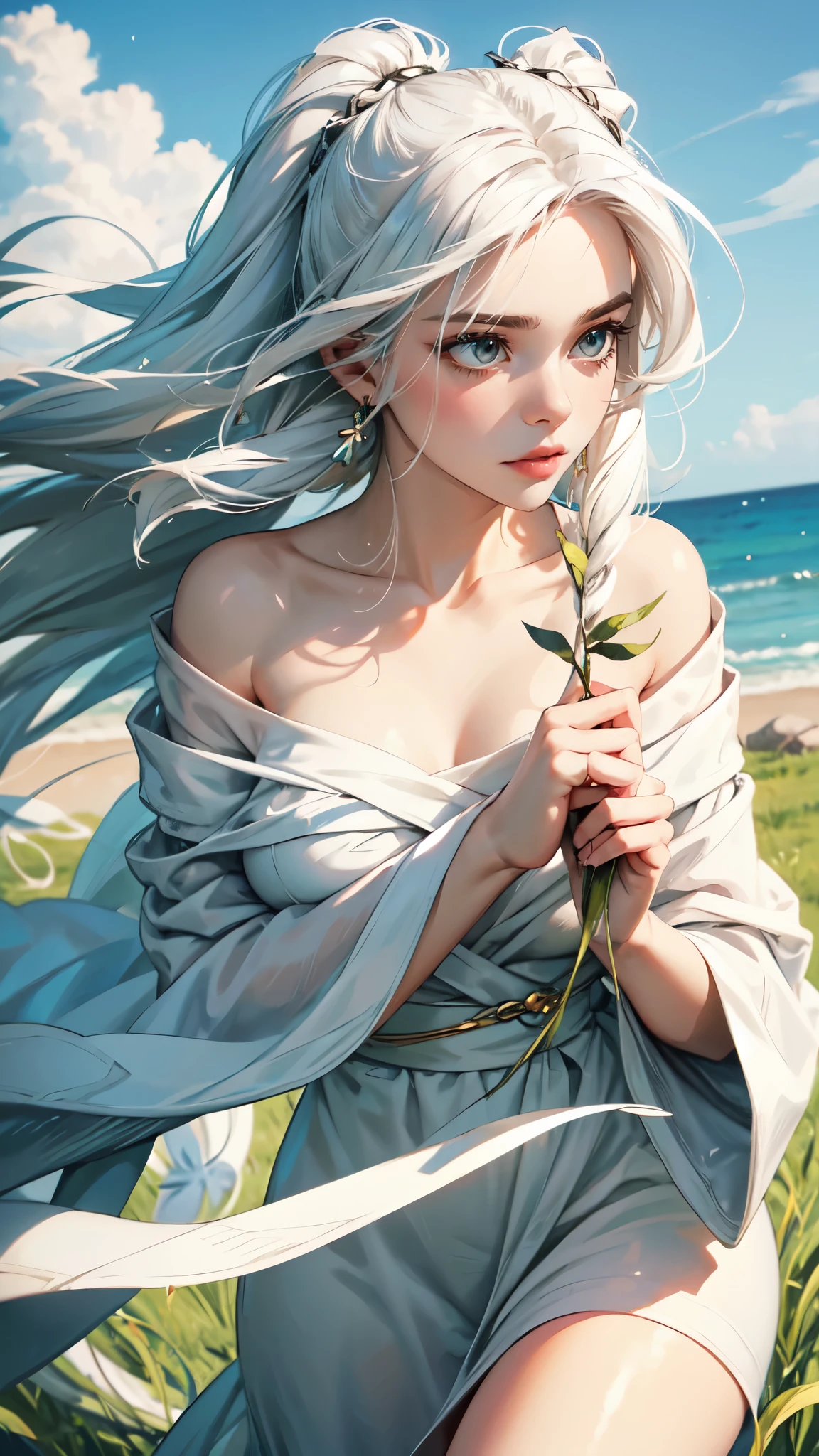 Beautiful girl with white hair lies on the grass. Her hair flutters in the wind in one hand she holds a white snake, and in the second she squeezes women's white panties,detailed,xy pose,detailed face, detailed eyes, detailed hands, elf woman,wet, mil all over her, full body,etalid dace,detailed hands,elf woman,full body,detailed eyes