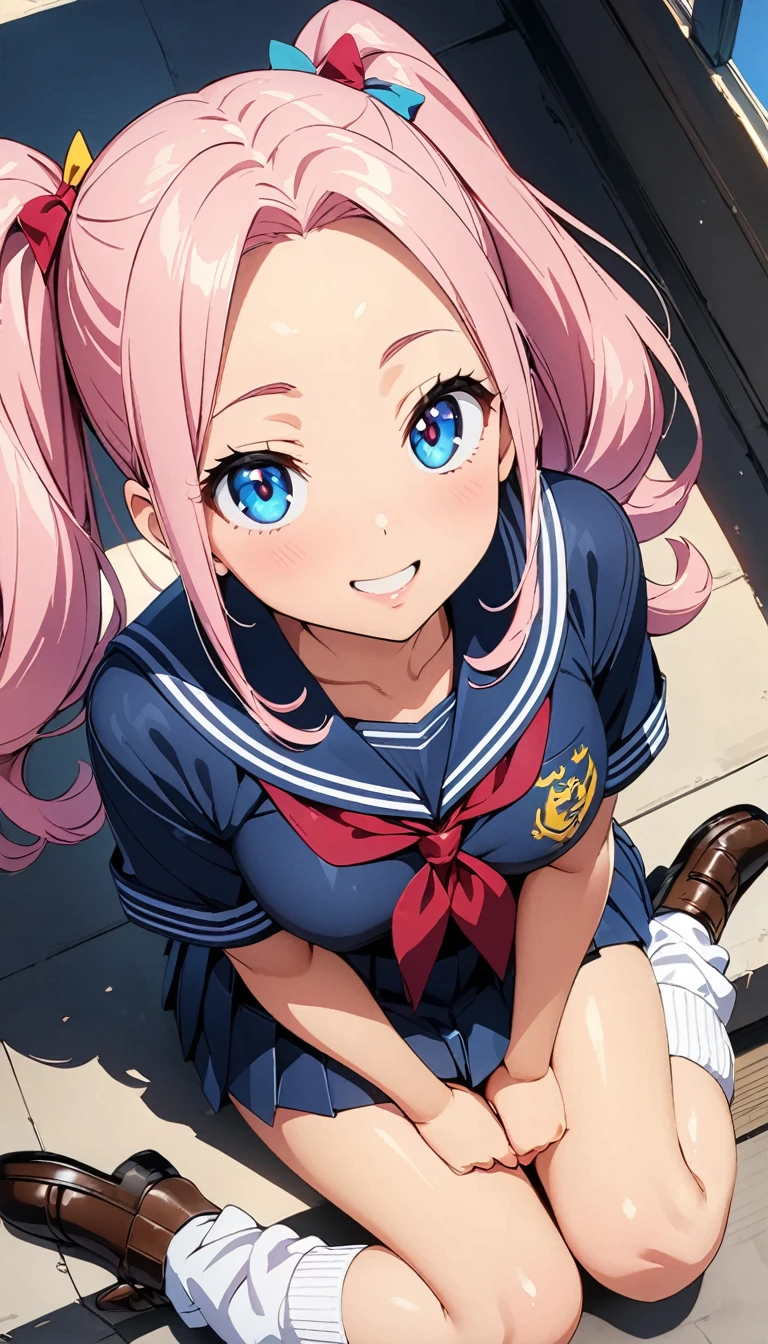 (Highest quality:1.2, 4K, 8k, Studio Anime, Very detailed, up to date, Vibrant, Attention to detail, High Contrast, masterpiece:1.2, Highest quality, Best aesthetics), (((1 girl))), Sit and pose, JK, Sailor suit, Pleated skirt, loose socks, loafers, Open your mouth a little:1.2, smile, Dynamic Angle, look up:1.3, Friendly atmosphere, Beautiful Hair, Shiny Hair, Beautiful Skin, Detailed face and eyes, Glossy Lips, Curvy Women, Striking contrast,