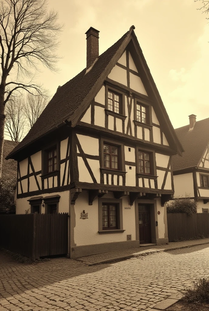 "A sepia-toned image of a traditional German house in Ulm, Germany, from the late 19th century. The house is simple, with wooden beams and a sloped roof, surrounded by cobblestone streets. The scene is peaceful, reflecting a small, historic town. A warm morning light bathes the town, giving a nostalgic feel of the 1800s."