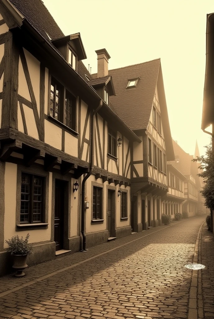 "A sepia-toned image of a traditional German house in Ulm, Germany, from the late 19th century. The house is simple, with wooden beams and a sloped roof, surrounded by cobblestone streets. The scene is peaceful, reflecting a small, historic town. A warm morning light bathes the town, giving a nostalgic feel of the 1800s."