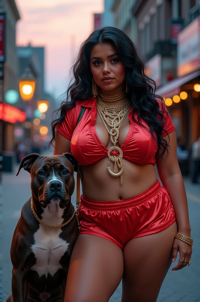 A young woman in short pajamas,and gold chains,tattoo's,breasts big,big-ass,legs thick,iphone e pitbull