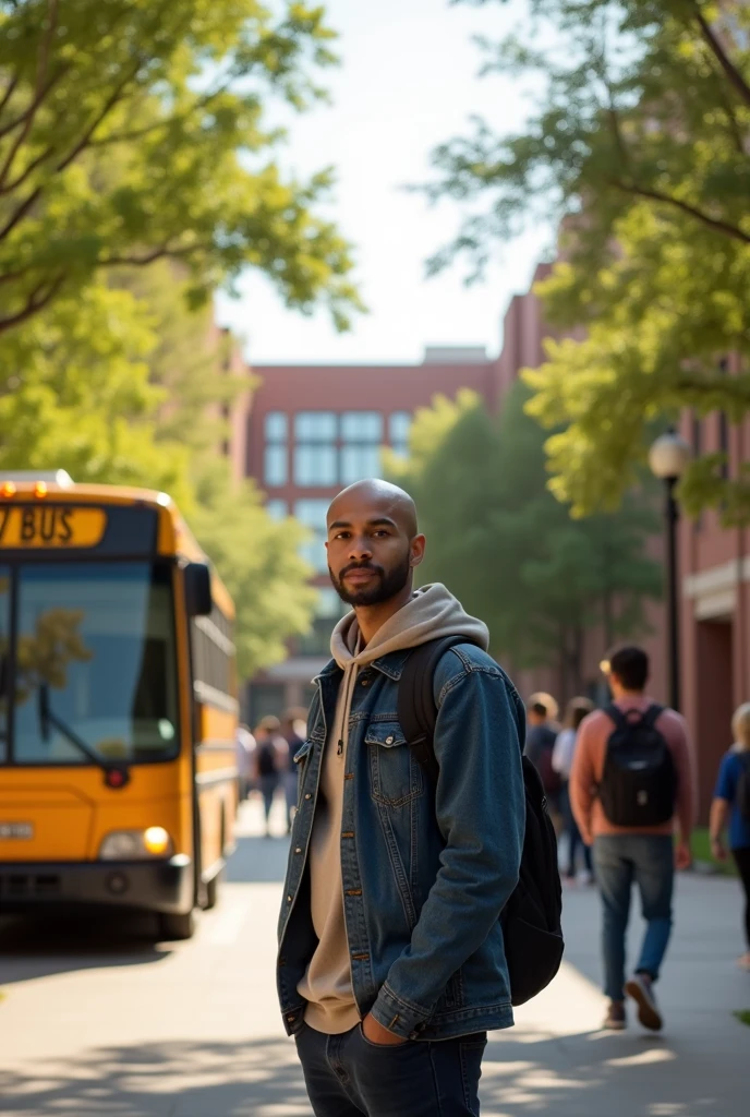 Bald back student near college with school bus next to it