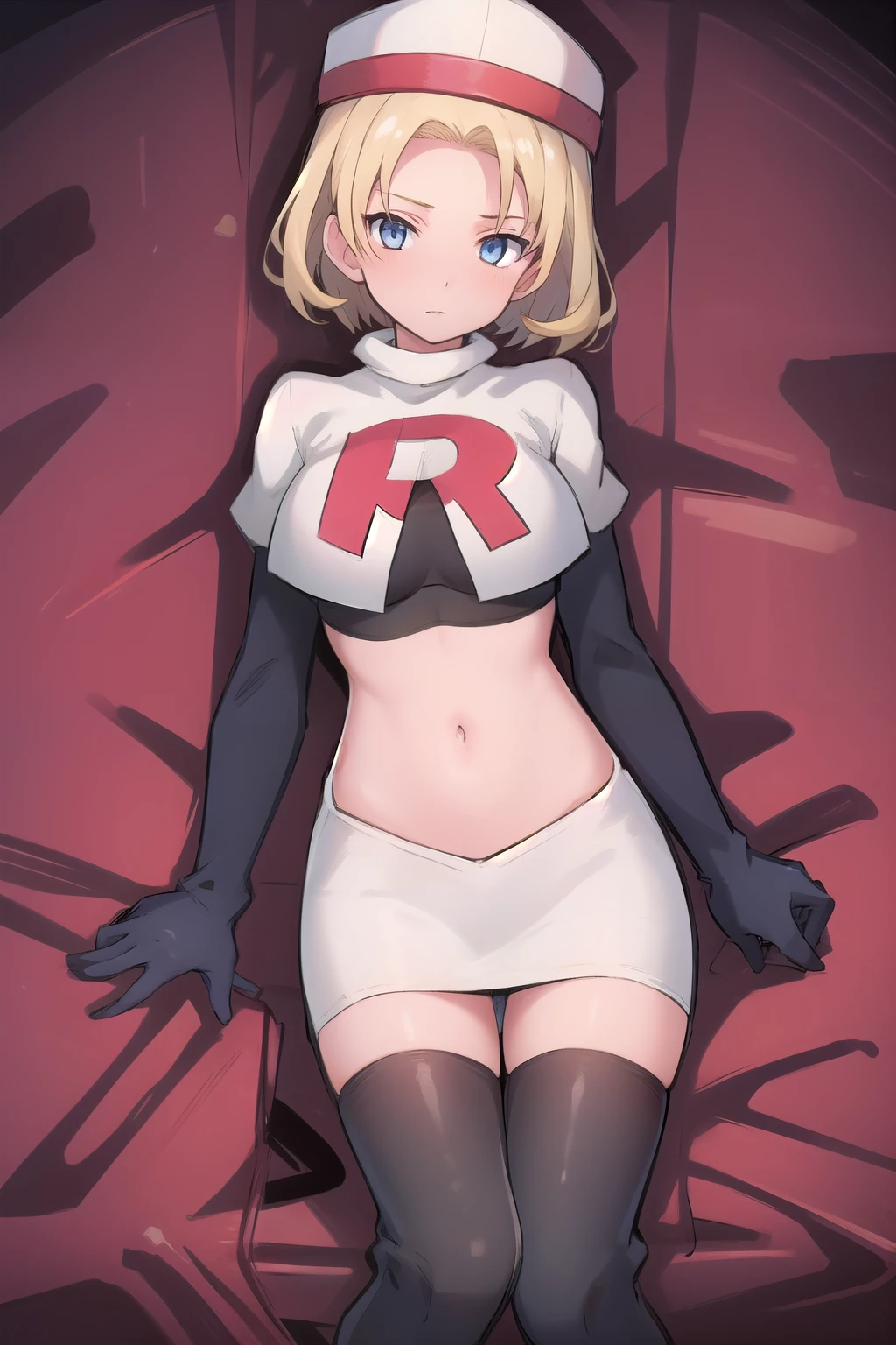 best quality, (masterpiece:1.2), illustration, absurdres, (1girl, solo, beautiful detailed girl),
 Theresia Caroline, short hair, blonde hair, blue eyes, medium breasts,
garrison cap, team rocket,team rocket uniform,white skirt,red letter R,crop top,black thigh-highs,black elbow gloves,
looking at viewer,