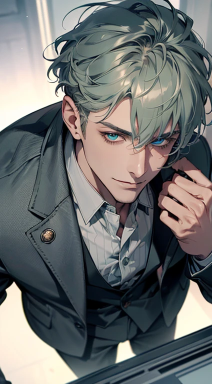 (best quality, masterpiece, 8K, photorealistic, cinematic lighting, 1:4 hdr image, top view, ultra detailed, beautiful image), a mature man, very handsome, short grey green hair, blue eyes, perfect face without errors , ((buttoning his jacket, CEO)), smile in love.
