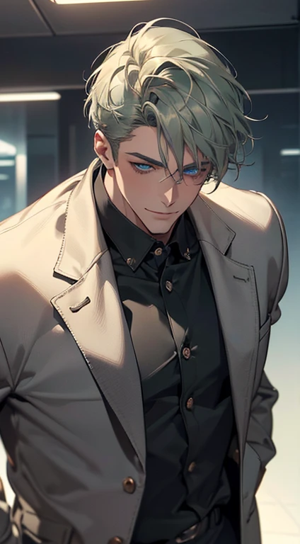 (best quality, masterpiece, 8K, photorealistic, cinematic lighting, 1:4 hdr image, top view, ultra detailed, beautiful image), a mature man, very handsome, short grey green hair, blue eyes, perfect face without errors , ((buttoning his jacket, CEO)), smile in love.