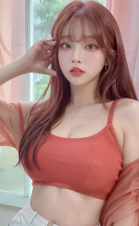 un primer plano de una persona con cabello rojo y un micrófono y ojos verde claro, ((green like eyes)), jia, jossi de blackpink, jisoo de blackpink, parque roseanne de blackpink, Estético!!!!!! genio femenino, Jisoo de Blackpink, sun yunjoo, portrait of jossi de blackpink, ella tiene el pelo largo color naranja, vistiendo traje rojo, con el pelo largo y rojo, jinyoung shin, ídolo coreano, rojo vibrante, Lalisa Manoban de Blackpink,(beautiful makeup :1.2), Wide hips, big, big ass, (best quality, 8K, masterpiece: 1.3), Clear focus: 1.2, Perfect body beauty: 1.4, strong abs, Very detailed face and skin texture. , detailed eyes, double eyelids, (long hair), having very marked curves, with greater volume in ((hips and breasts)), which makes the waist look much smaller ((wasp waist)).