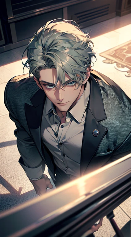 (best quality, masterpiece, 8K, photorealistic, cinematic lighting, 1:4 hdr image, top view, ultra detailed, beautiful image), a mature man, very handsome, short grey green hair, blue eyes, perfect face without errors , ((buttoning his jacket, CEO)), smile in love.