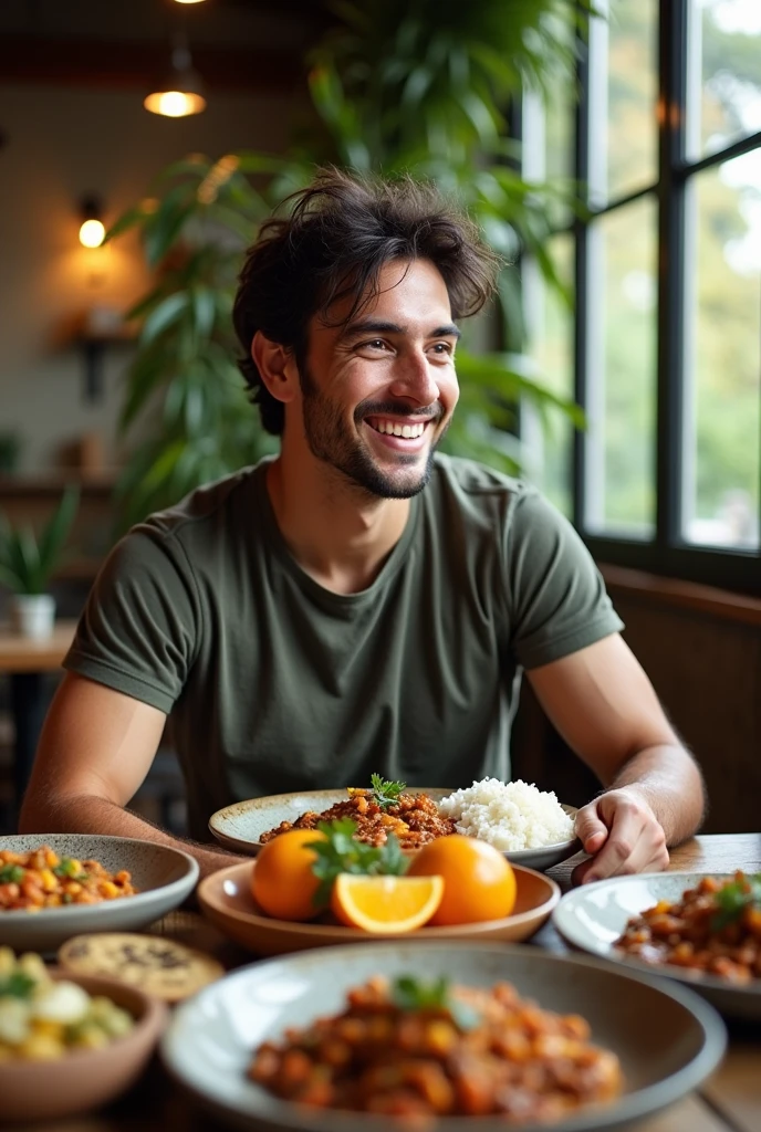 Realistic image of a white Brazilian person sitting at a table looking at food and savoring it with a smile
