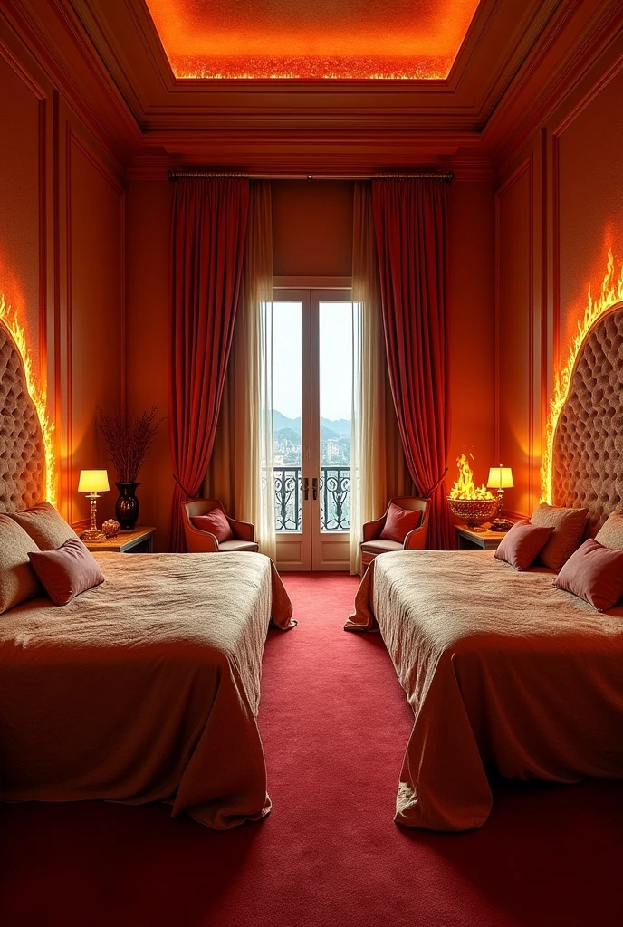 the large bedroom has 2 single beds, one on each wall, with good space between them and a red carpet on the floor. The walls are covered with rich fabrics in warm tones such as red, orange and gold. Beds are large and sophisticated, with ornate headboards that often include details that evoke flames. The sheets and blankets are made of high quality materials, with patterns that imitate the heat of a fire. Each room is equipped with a smaller fireplace or heat source, providing a comfortable and welcoming environment. The window allows a spectacular view and can be decorated with heavy curtains that help maintain privacy and internal temperature. The decor is elegant, with furniture and accessories that complement the fire theme and create a comfortable space for residents.