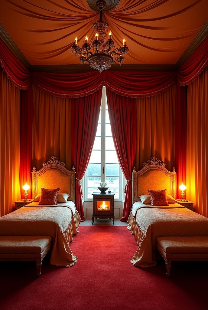 the large bedroom has 2 single beds, one on each wall, with good space between them and a red carpet on the floor. The walls are covered with rich fabrics in warm tones such as red, orange and gold. Beds are large and sophisticated, with ornate headboards that often include details that evoke flames. The sheets and blankets are made of high quality materials, with patterns that imitate the heat of a fire. Each room is equipped with a smaller fireplace or heat source, providing a comfortable and welcoming environment. The window allows a spectacular view and can be decorated with heavy curtains that help maintain privacy and internal temperature. The decor is elegant, with furniture and accessories that complement the fire theme and create a comfortable space for residents.