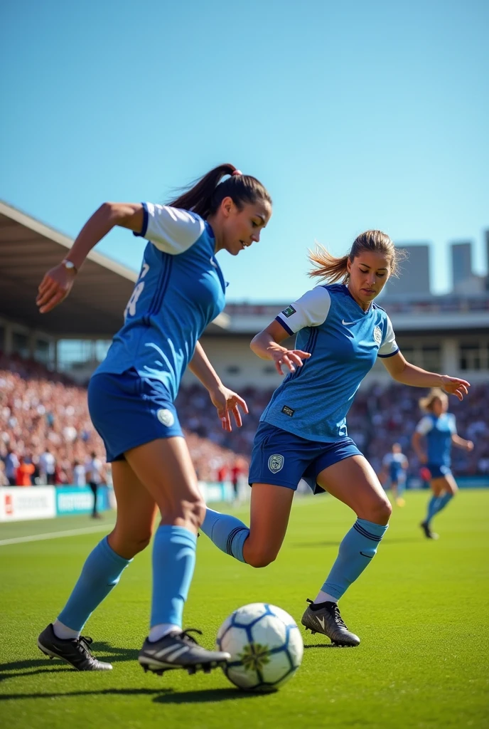 Realistic, woman in female soccer uniform sweeping at rival's leg to take away the ball, hitting the leg and injuring it