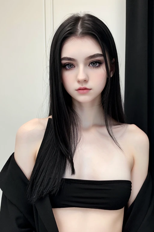 Straight long black hair. Big green eyes . Thin lips and small sharp point nose. White skin. small built body, width solders, a cub. Flat thin hips small small small nipples