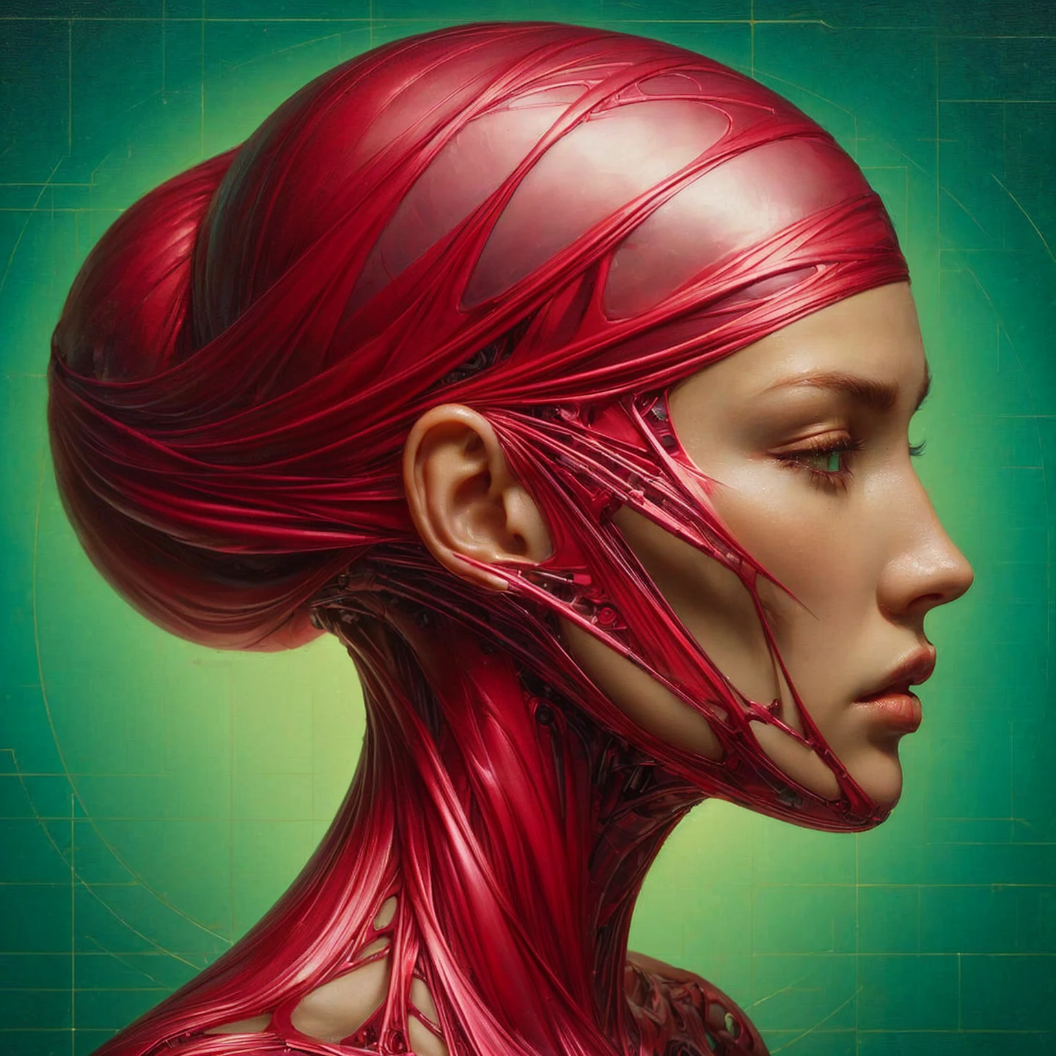 a close up of a woman with red hair and a green background, intricate transhuman, detailed portrait of a cyborg, anatomy portrait, portrait of a female android, portrait of a cyborg, portrait of an android, cyborg woman, cyborg - girl, cybernetic body parts, cybernetic machine female face, transhumanism, symmetrical portrait scifi