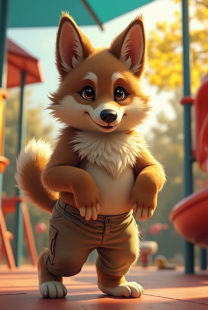 detailed fluffy fur texture, impasto impressionism, (by foxovh, ross tran, michael garmash, pino daeni, iskra), detailed eyes, highly detailed pupils, solo, furry, anthro, chase-pp, domestic dog, male, brown eyes, brown fur, light brown body, fur body, detailed fluffy fur texture, curvy, wide hips, inner fluff ears, from front, standing, khaki pants, interior playground, day, 1boy, growling, teenager, weregermanshepherd, skinny, twerking, showing butt, school uniform, khaki pants, twerk