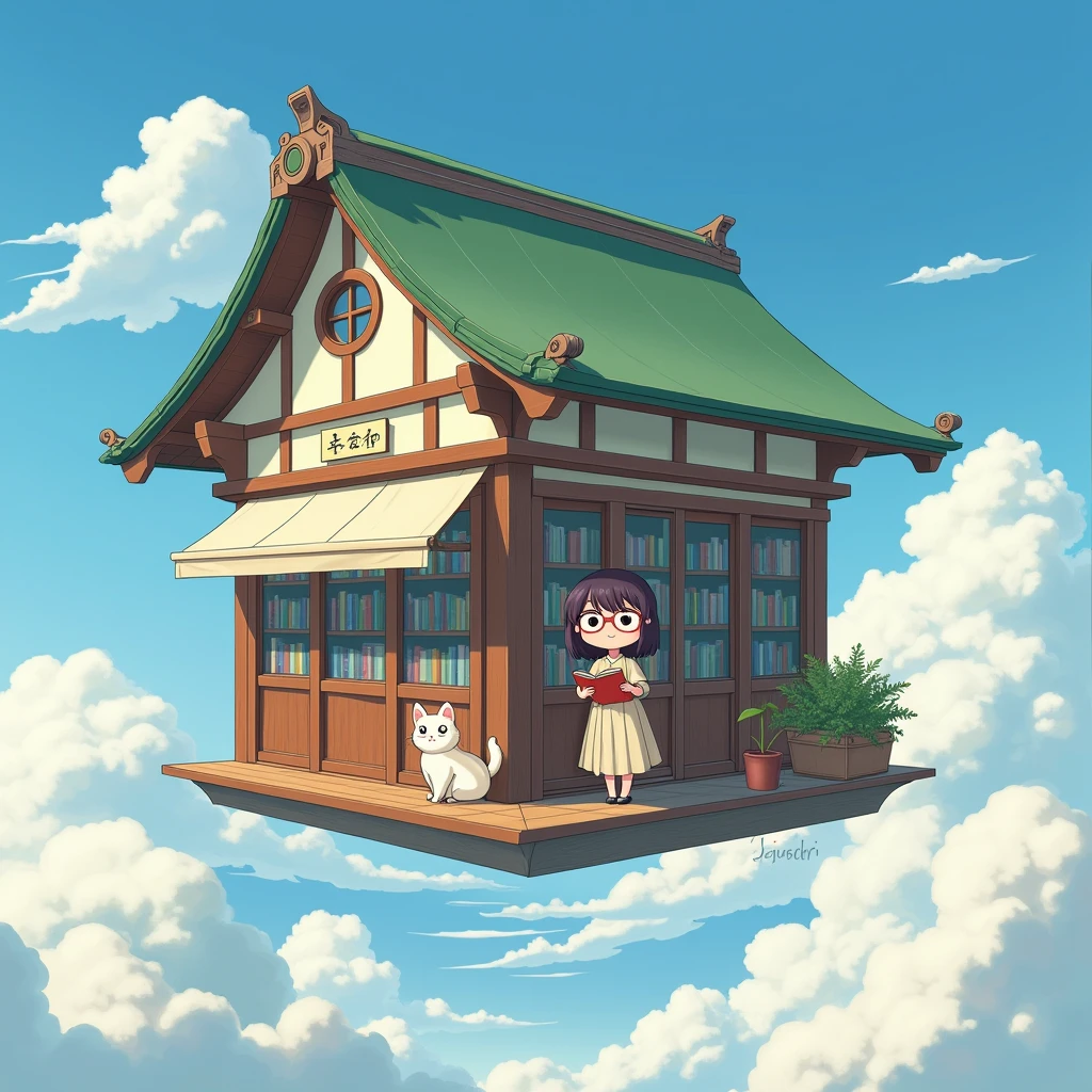 “A realistic and whimsical scene of a floating bookstore in the sky with a Studio Ghibli-inspired style. The bookstore is a large, intricately designed building with elements of traditional Japanese architecture, such as wooden beams and sliding doors. It’s hovering among fluffy, hand-painted clouds. A cute librarian, resembling a Ghibli character, with a warm smile, vintage dress, and glasses, stands at the entrance, holding a book. A small, fluffy cat with big, expressive eyes sits beside her,