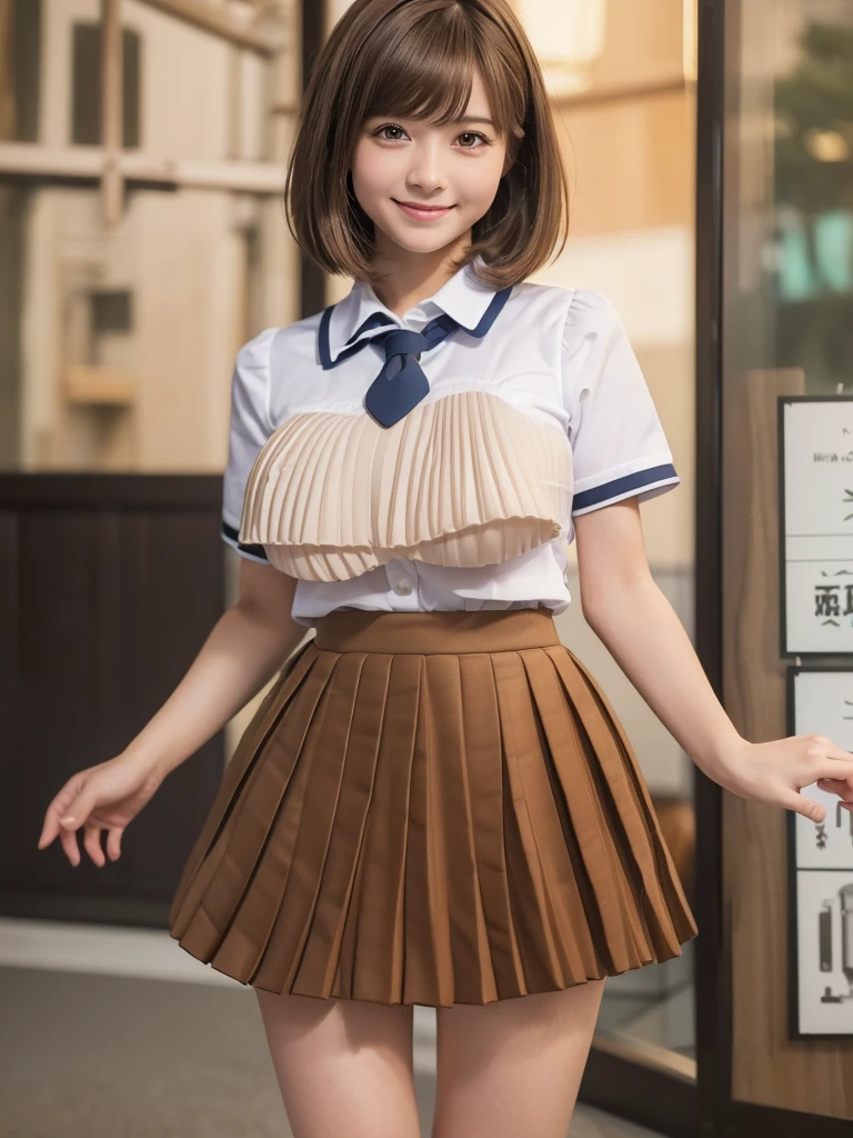 (8k,Highest quality,masterpiece: 1.2),(Realistic, Realistic: 1.37),Very detailed,One person,beauty,cute,Baby Face,smile, One personで,(Nose redness),(smile: 1.15),Beautiful Eyes,Big eyes,Brown eyes,(Brown Long Bob Hair: 1.5),bangs,Floating Hair NovaFrog Style,whole body,(Huge breasts:1.5),(Thighs:1.5)(((cute Japan Beautiful Girl))),(Beautiful attention to detail),(Highest quality),(Very detailedな),(masterpiece),(school uniform:1.4),(Ultra Short Micro Pleated Mini Skirt:1.5),(Body like a model),(Long legs)