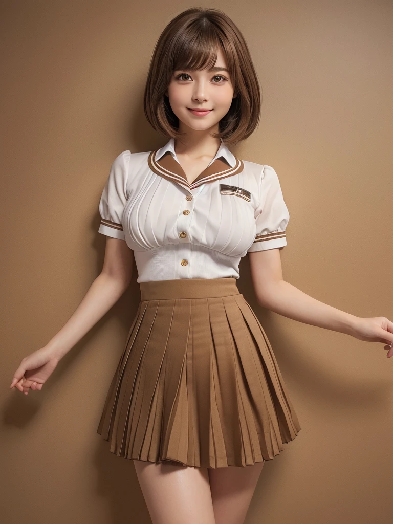 (8k,Highest quality,masterpiece: 1.2),(Realistic, Realistic: 1.37),Very detailed,One person,beauty,cute,Baby Face,smile, One personで,(Nose redness),(smile: 1.15),Beautiful Eyes,Big eyes,Brown eyes,(Brown Long Bob Hair: 1.5),bangs,Floating Hair NovaFrog Style,whole body,(Huge breasts:1.5),(Thighs:1.5)(((cute Japan Beautiful Girl))),(Beautiful attention to detail),(Highest quality),(Very detailedな),(masterpiece),(school uniform:1.4),(Ultra Short Micro Pleated Mini Skirt:1.5),(Body like a model),(Long legs)