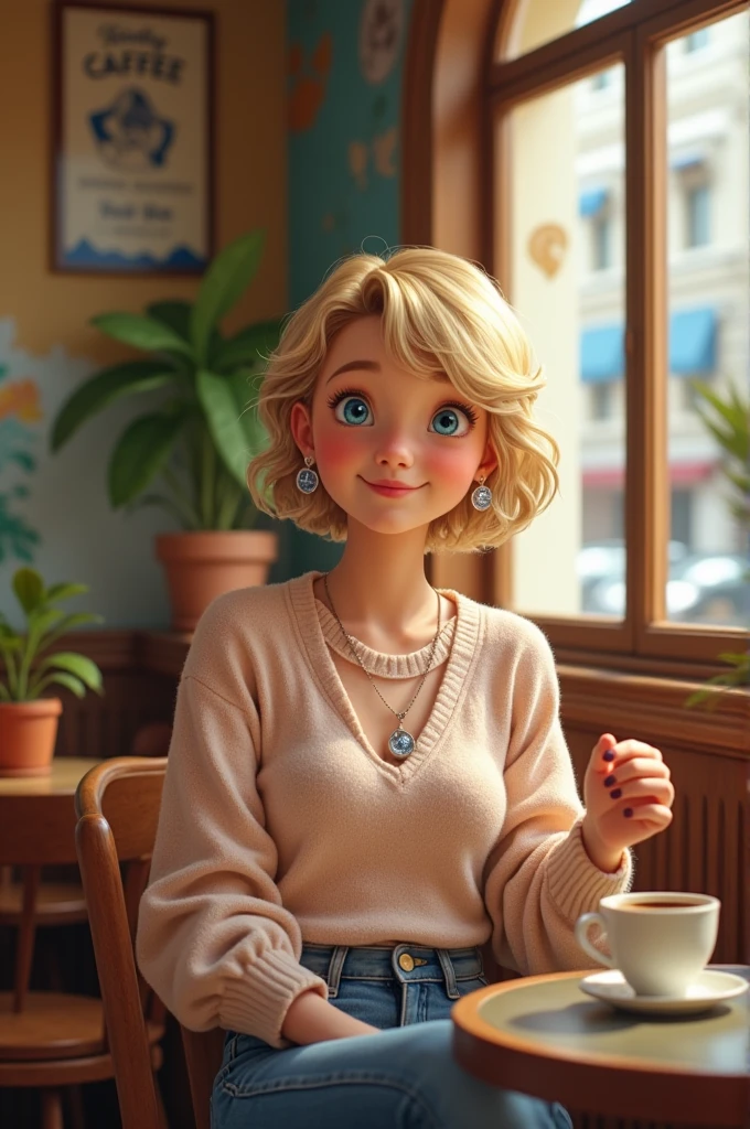 girl blonde short wavy hair realistic in a cafe