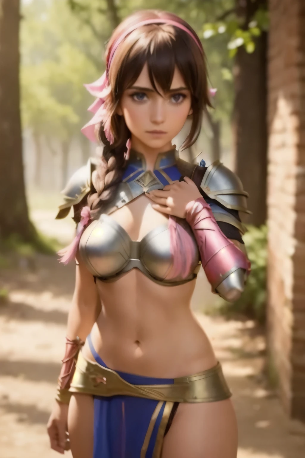 lapis fe, 1girl, solo, looking at viewer, blush, bangs, gloves, upper body, braid, hairband, outdoors, parted lips, sky, day, hand up, pink eyes, armor, tree, covered navel, blurry background, hand on own chest, shoulder armor, side braid, breastplate, red armor