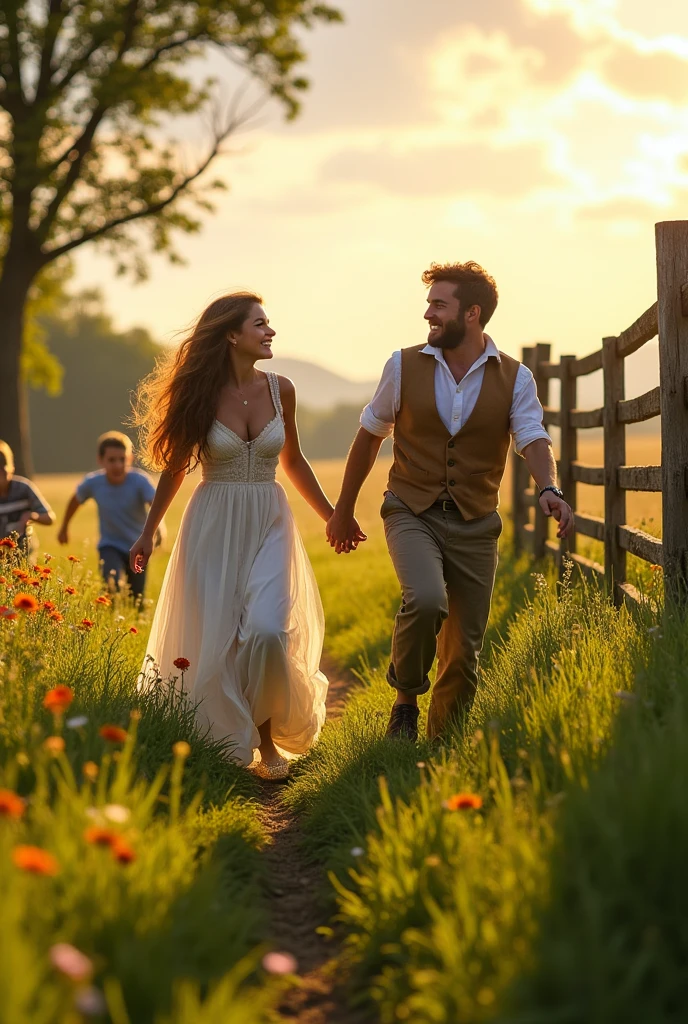 score_9, score_8, score_7_highly, 1 girl, 2 boys, Magnificent Body, A voluptuous milkmaid has fun with her boyfriend on a farm