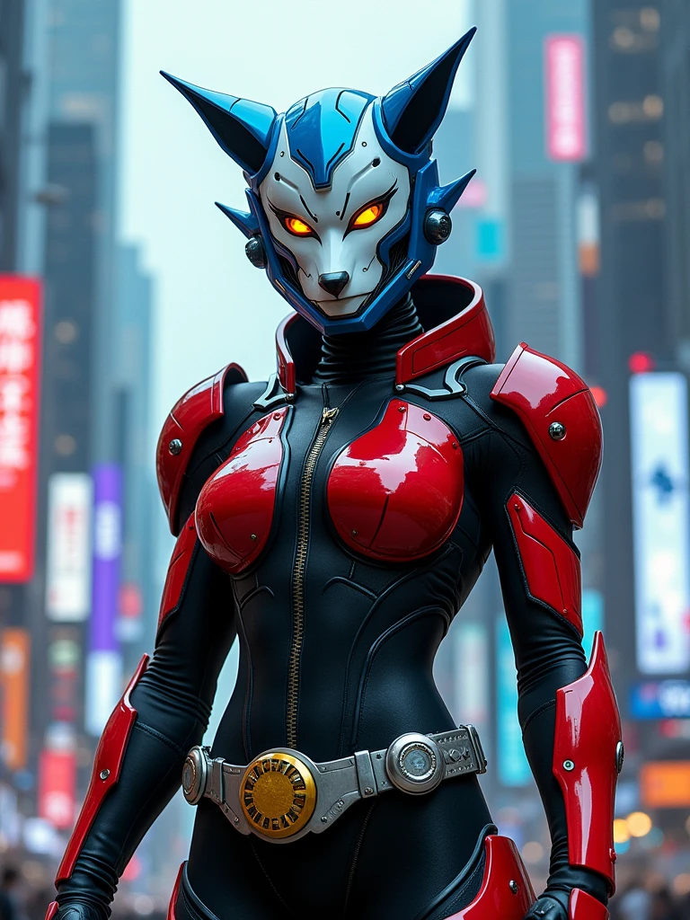 a person dressed in a futuristic, robotic costume. The outfit includes a blue helmet with a wolf-like design, featuring sharp, angular lines and a white faceplate with yellow accents around the eyes. The upper body armor is predominantly red with black and silver details, including shoulder pads and a chest plate. The costume also has a black bodysuit underneath, with additional armor pieces on the arms and legs. A silver belt with a detailed, gold-colored buckle is worn around the waist. The overall design is sleek and modern, with a combination of vibrant and dark colors creating a striking appearance.