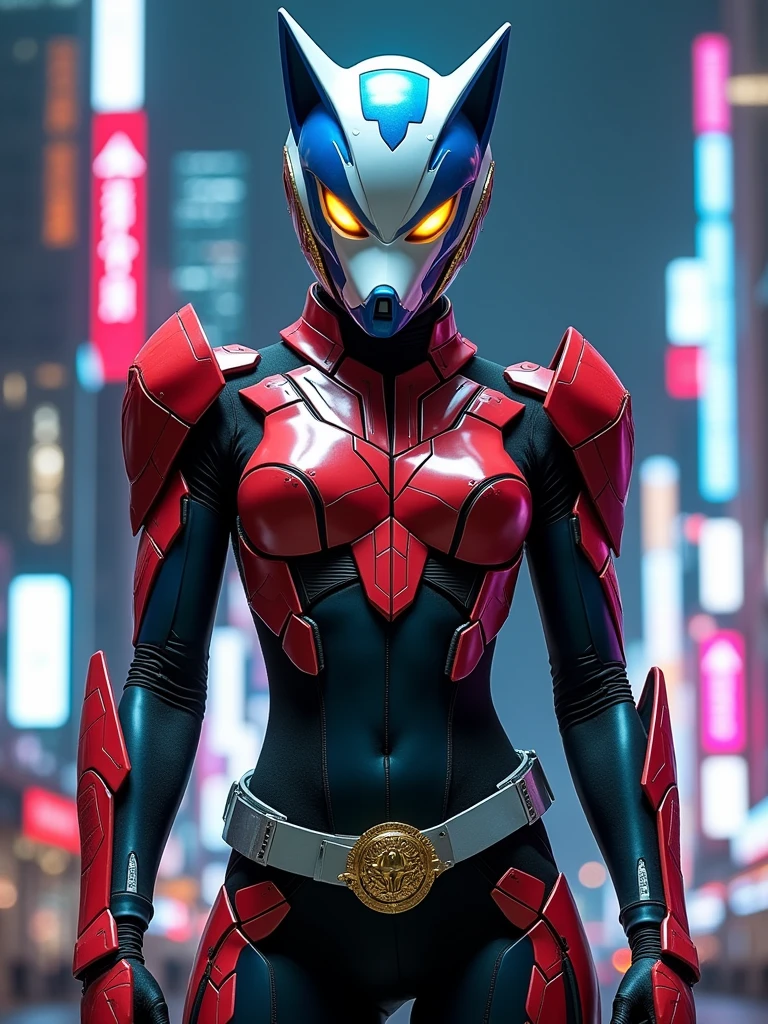 a person dressed in a futuristic, robotic costume. The outfit includes a blue helmet with a wolf-like design, featuring sharp, angular lines and a white faceplate with yellow accents around the eyes. The upper body armor is predominantly red with black and silver details, including shoulder pads and a chest plate. The costume also has a black bodysuit underneath, with additional armor pieces on the arms and legs. A silver belt with a detailed, gold-colored buckle is worn around the waist. The overall design is sleek and modern, with a combination of vibrant and dark colors creating a striking appearance.