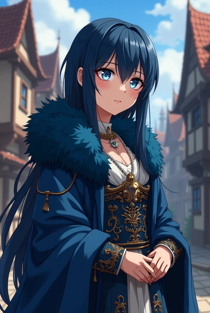 2D animation, anime, women adult, big breasts (1.4), long blue fur, white eyes, baggy eyes, rostro tired out, small face, eye bags, adult, women, mayor, medieval clothing, white pupils, white eyes, dark blue hair, baggy eyes, gloomy face, tired out, dark blue hair, byakugan eyes, Byakugan, clan Hyuga
