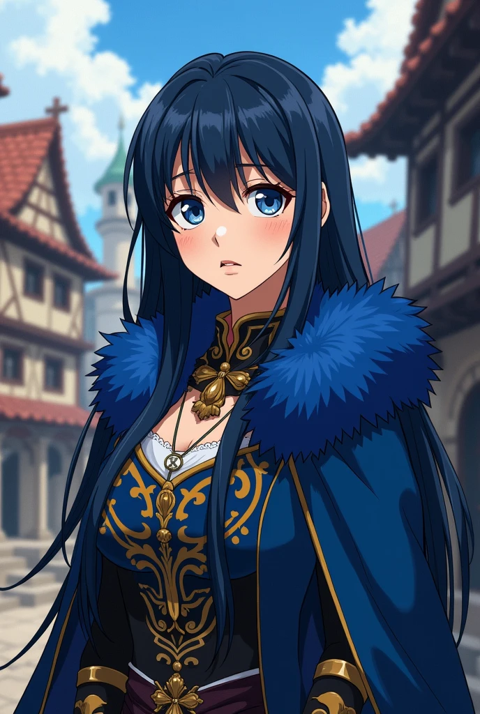 2D animation, anime, women adult, big breasts (1.4), long blue fur, white eyes, baggy eyes, rostro tired out, small face, eye bags, adult, women, mayor, medieval clothing, white pupils, white eyes, dark blue hair, baggy eyes, gloomy face, tired out, dark blue hair, byakugan eyes, Byakugan, clan Hyuga 