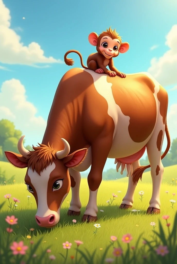 A cow, a monkey on its back with a calf in the pasture 