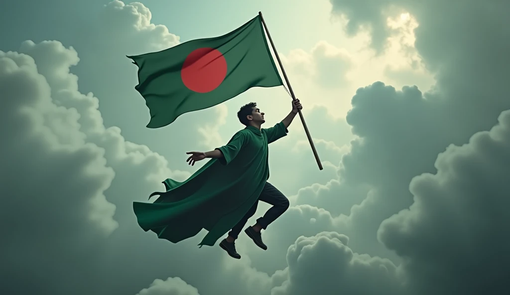 A Harry potter type figure of young man holding the flag of Bangladesh in the sky like playing quidditch. We don't see his face. We see his back. In the cloudy sky the flag is the bright ray of hope