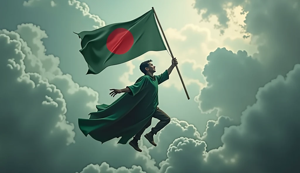 A Harry potter type figure of young man holding the flag of Bangladesh in the sky like playing quidditch. We don't see his face. We see his back. In the cloudy sky the flag is the bright ray of hope
