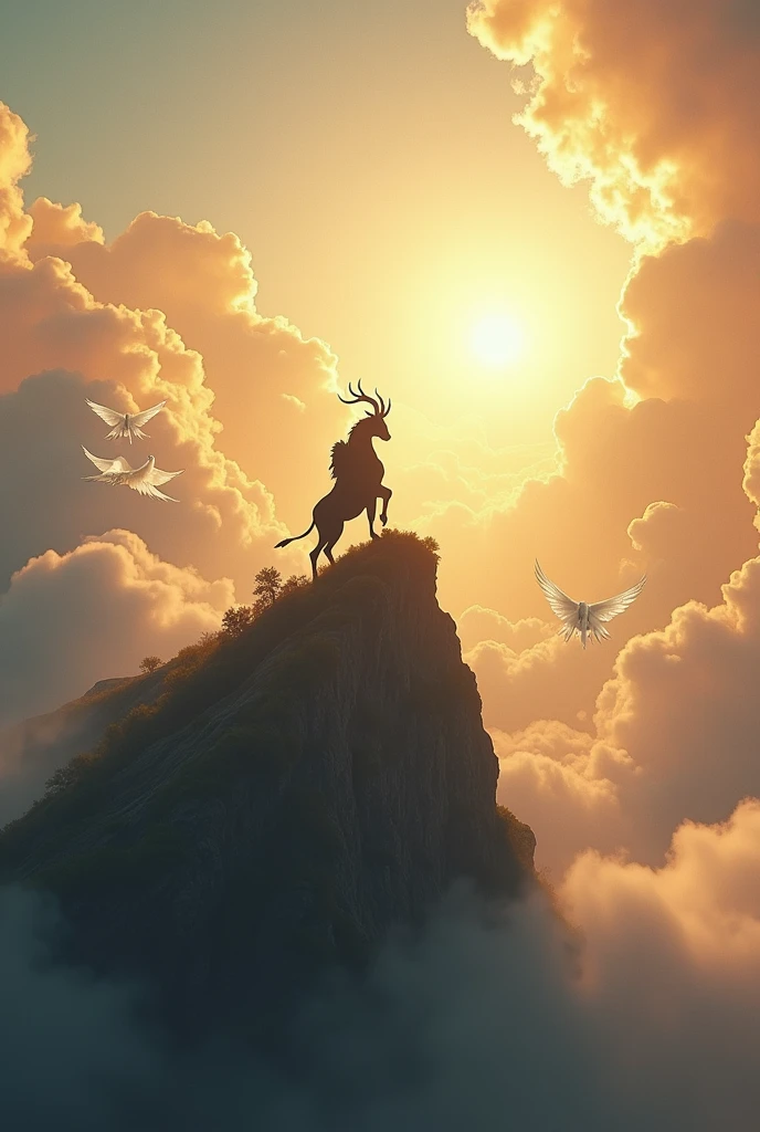 A black demon sits atop a mountain. He is in Christian heaven and is observing from afar as the angels walk. The demon has the appearance of a man with horns and goat legs. He is infiltrated in the Christian heaven and is watching the angels and beings of light
