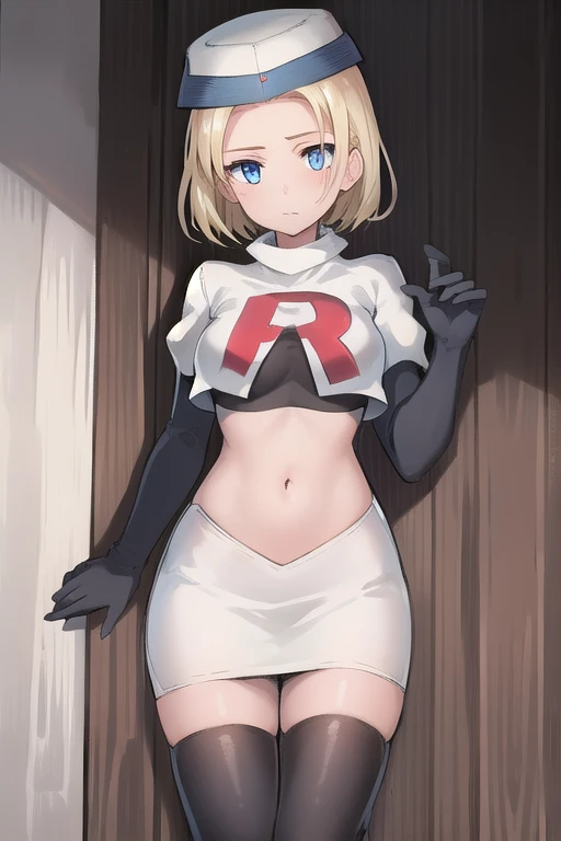 best quality, (masterpiece:1.2), illustration, absurdres, (1girl, solo, beautiful detailed girl),
 Theresia Caroline, short hair, blonde hair, blue eyes, medium breasts,
garrison cap, team rocket,team rocket uniform,white skirt,red letter R,crop top,black thigh-highs,black elbow gloves,
looking at viewer,