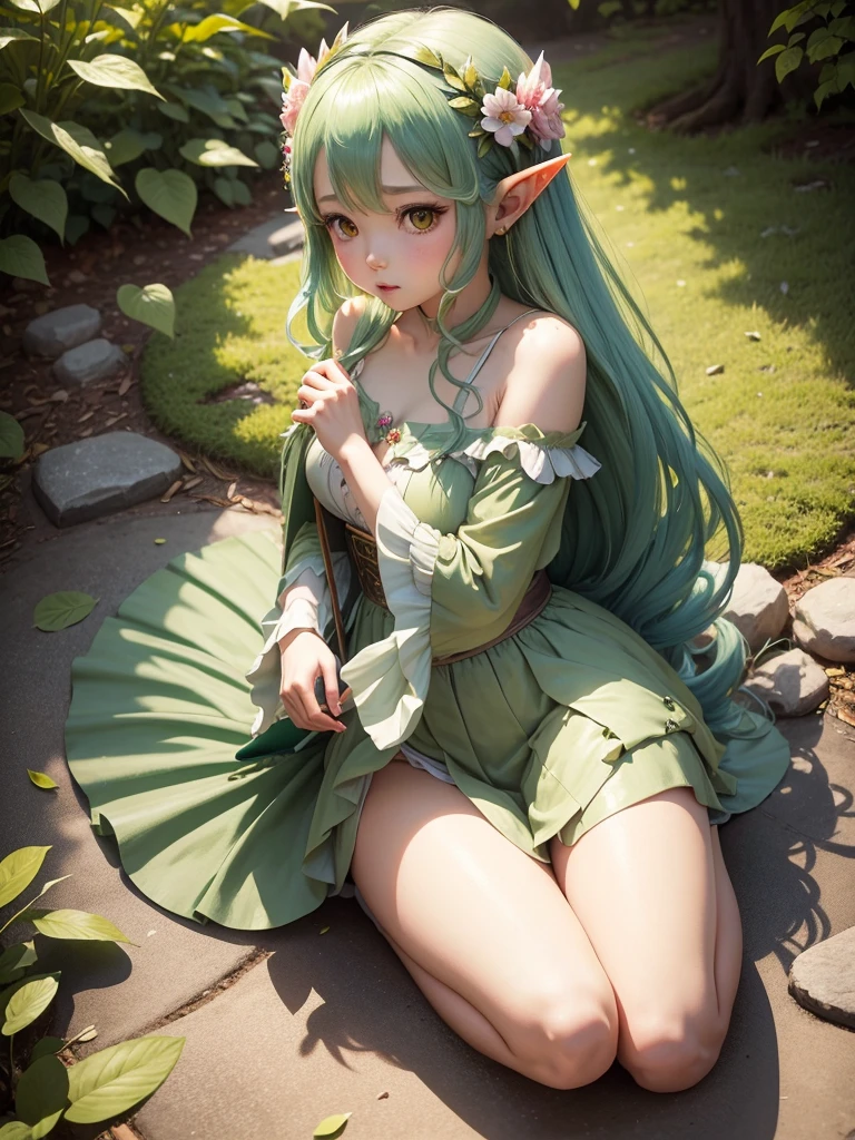 with green hair and a crown of flowers sits on the ground covered in leaves, leaf,leafの服,服 leaf,leafで作られたドレス,美しいFairy, Fairyの肖像画, Fairyの肖像画, 美しいFairy, Fairyの美学, 美しいFairys, Elf Girl wearing an flower suit, 森のFairy, Fairy, 森のFairy, 美しい大人のFairy, Elf Princess, Elf Girl, Beautiful fantasy art, Fairyの十代の少女