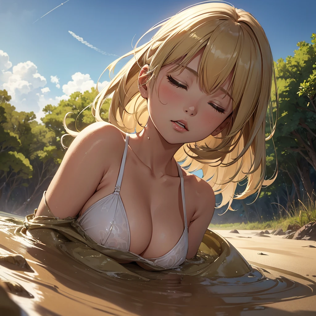 1girl, solo:1.5, masterpiece, best quality, high res, highly detailed, (illustration), beautiful detailed eyes, yuigahama yui, blonde hair ponytail, glossy lips, light makeup, orgasm, (looking up to the sky:1.5), (mouth open:1.2), intimate moment, wearing a string bikini, cleavage, (quicksand:1.4), (from side:1.4), bog, swamp, grass, trees, (eyes closed:1.3), gasping