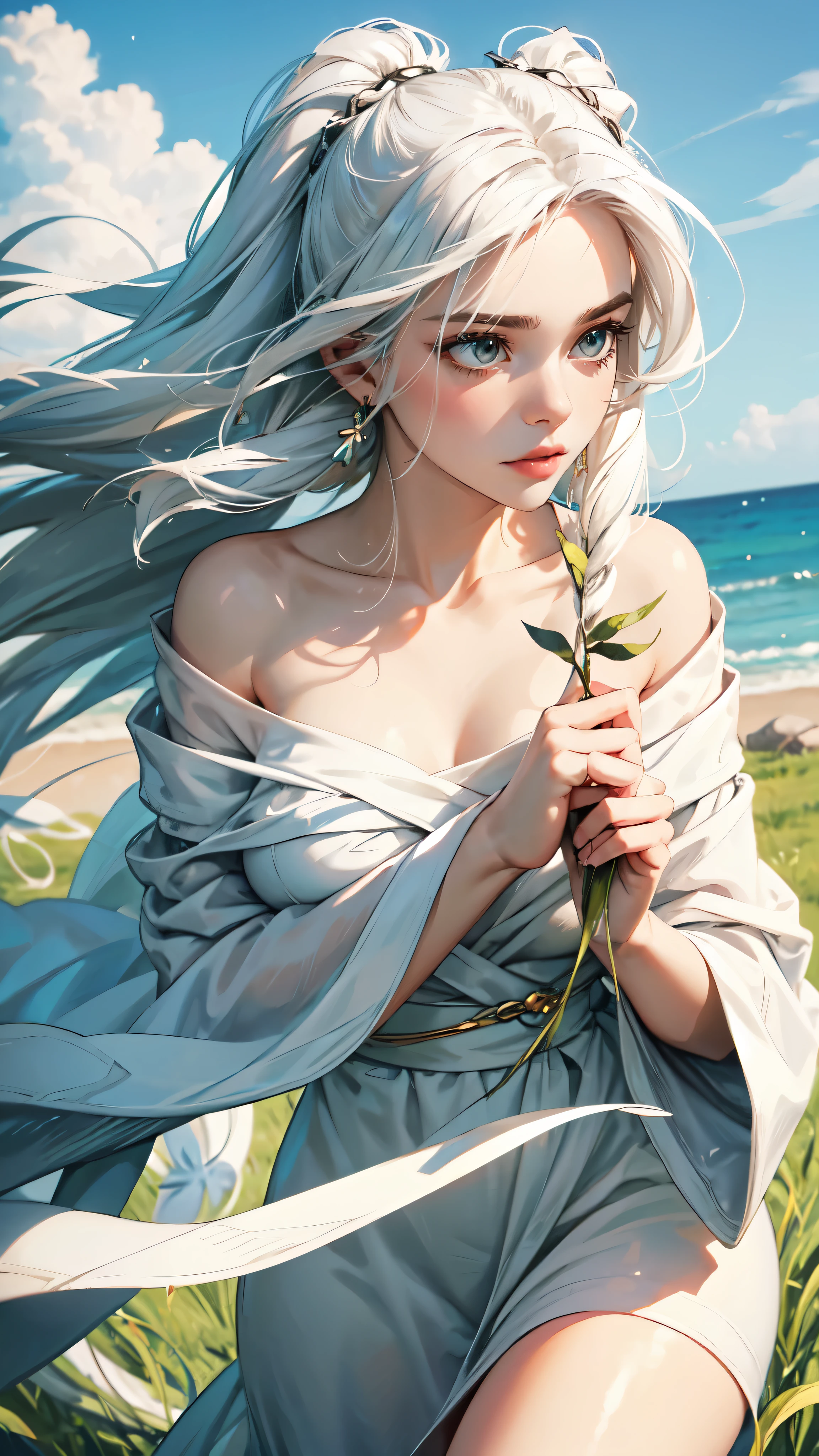 Beautiful girl with white hair lies on the grass. Her hair flutters in the wind in one hand she holds a white snake, and in the second she squeezes women&#39;s white panties,detailed,xy pose,detailed face, detailed eyes, detailed hands, elf woman,wet, mil all over her, full body,etalid dace,detailed hands,elf woman,full body,detailed eyes
