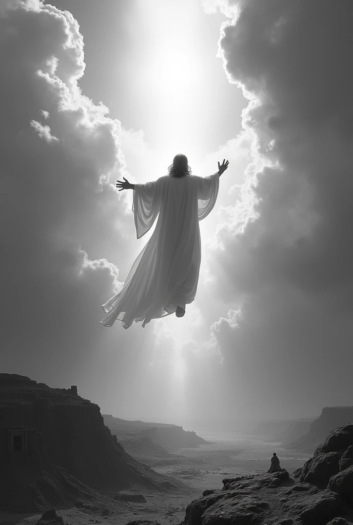 ((JESUS OF NAZERATH)) going up into the sky black and white and extremely zoomed out