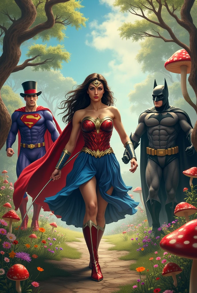 wonder woman, superman, batman and catwoman dressed as characters from Alice in Wonderland