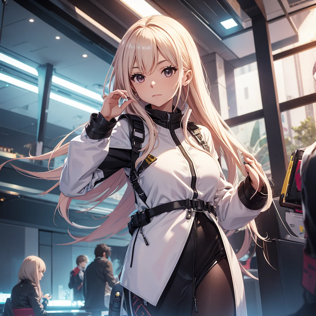 Make the character Chisato in a futuristic outfit in a social and luxurious setting..