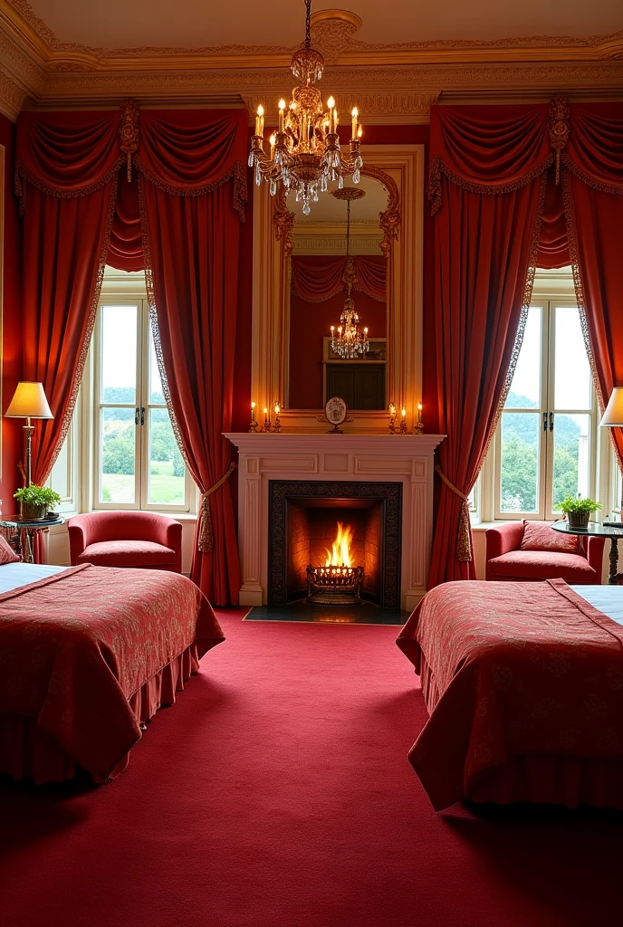 the large bedroom has 2 single beds, one on each wall, with good space between them and a red carpet on the floor. The walls are covered with rich fabrics in warm tones such as red, orange and gold. Beds are large and sophisticated, with ornate headboards that often include details that evoke flames. The sheets and blankets are made of high quality materials, with patterns that imitate the heat of a fire. Each room is equipped with a smaller fireplace or heat source, providing a comfortable and welcoming environment. The window allows a spectacular view and can be decorated with heavy curtains that help maintain privacy and internal temperature. The decor is elegant, with furniture and accessories that complement the fire theme and create a comfortable space for residents.