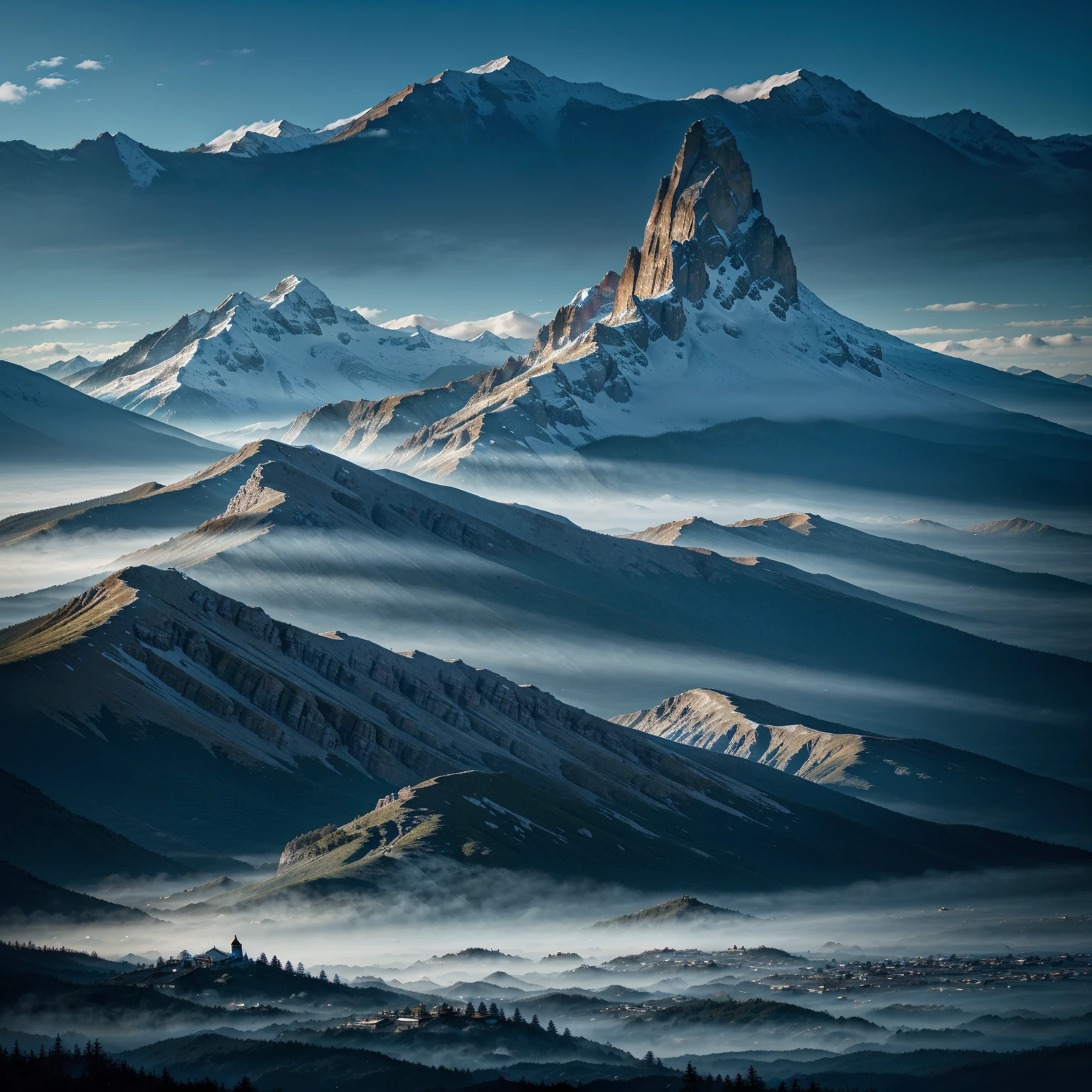 Traditional ink painting style:Detailed mountains and oceans,Mysterious creatures and spirits,A lush,Vibrant landscape,Mythical and magical atmosphere,Dark blue color palette,Hazy and ethereal lighting,Best quality,A high resolution,(Realistic,Photorealistic:1.37),